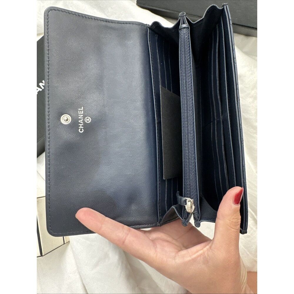 CHANEL Logo Navy Silver Toe Double Stitch Long Wallet W/box - Picture 12 of 16